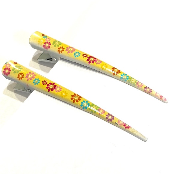 Updo Hair Clips Set Of 2 Yellow With Multi Colored Flowers - Picture 1 of 5
